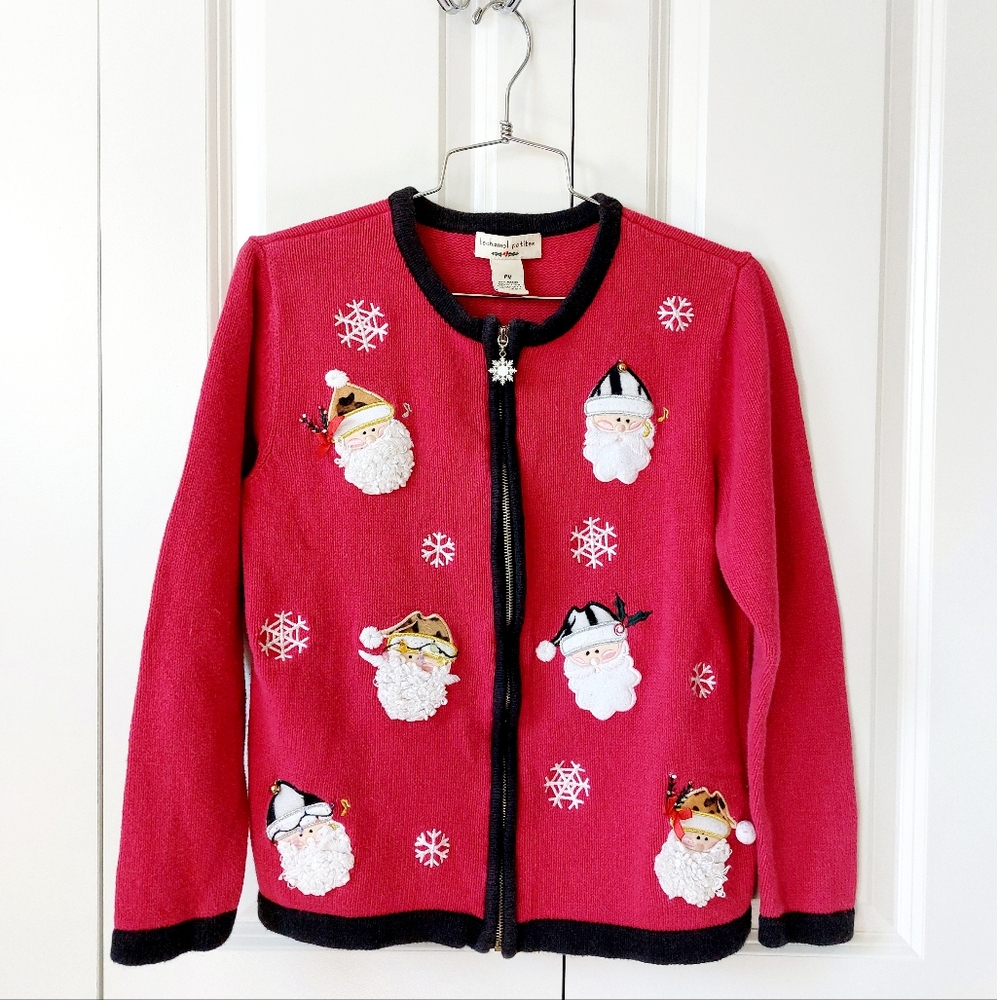 Jolly Santa Zip Cardigan Sweater size‎ Petite Medium Bechemel Petites Christmas